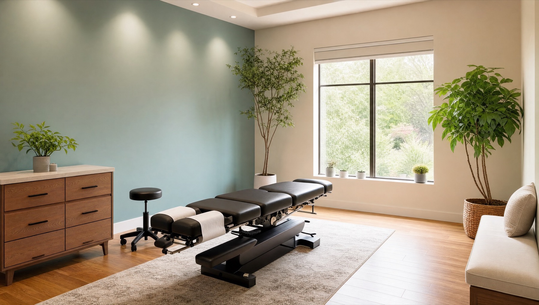 Calm, modern chiropractic treatment room